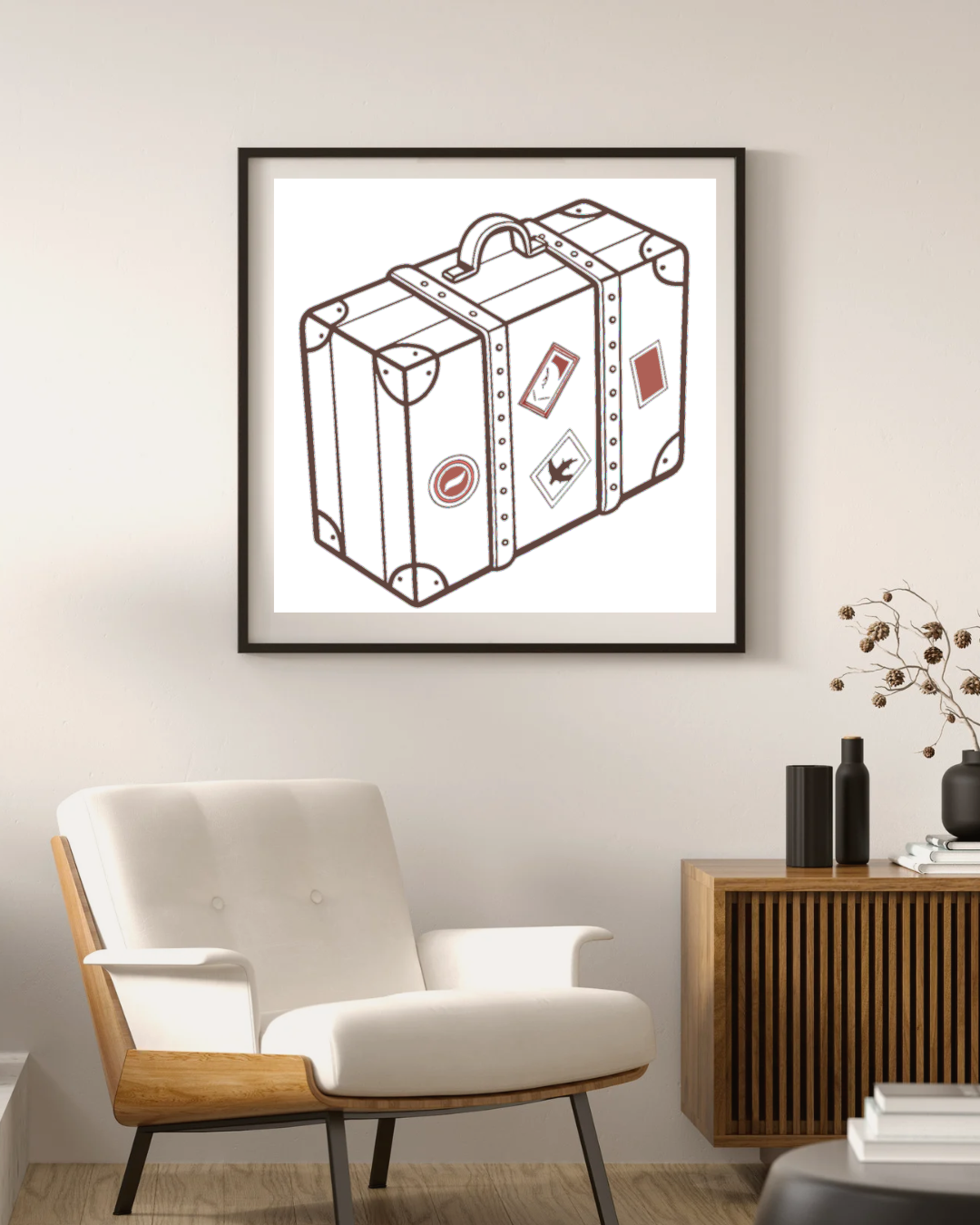 Cadre avec valise vintage en style doodle évoquant l'aventure et le voyage