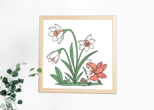Cadre décoratif style kawaii avec fée espiègle et jonquilles printanières