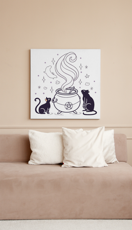 Cadre magique avec chats curieux et chaudron dans un style sorcellerie moderne