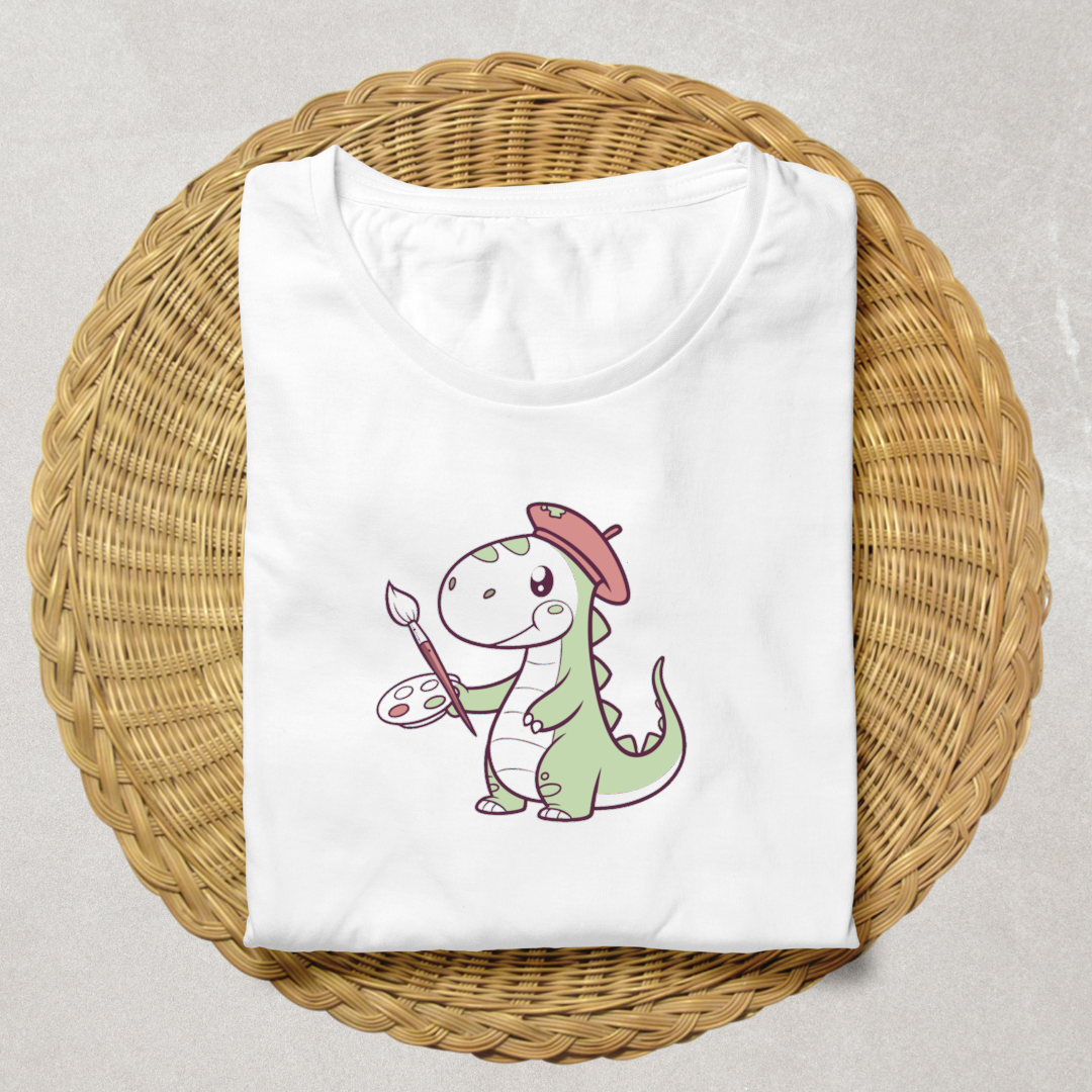 T-shirt drôle avec dinosaure joyeux en train de peindre dans un style ludique