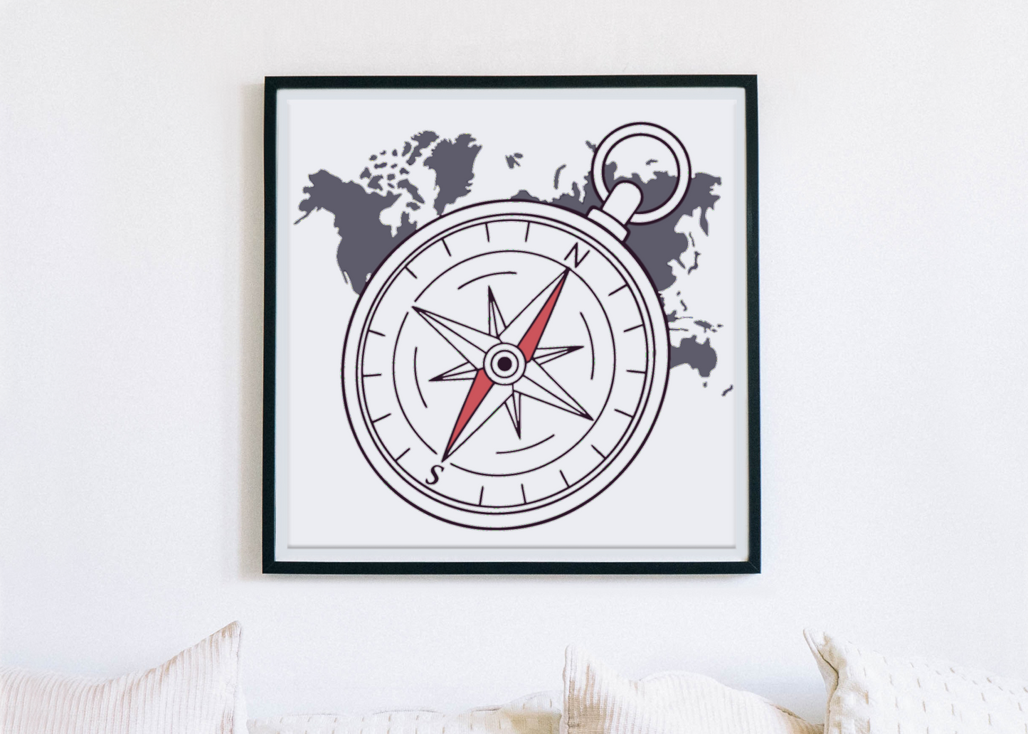 Cadre avec boussole vintage, style explorateur pour décoration murale élégante