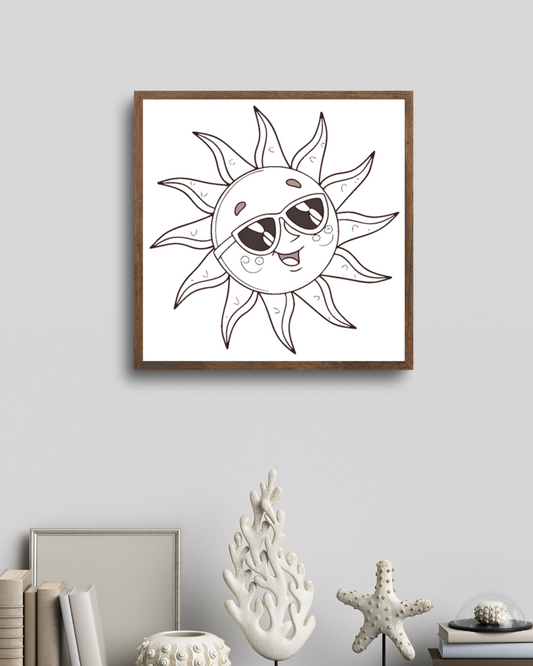 Cadre décoratif avec soleil souriant en lunettes style cartoon fun parfait pour l'été