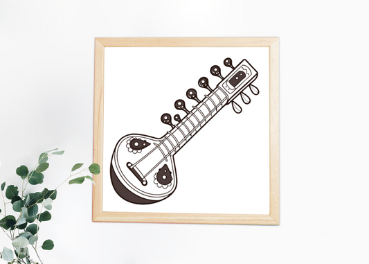 Cadre moderne affichant une icône musicale en sitar, style dynamique et élégant