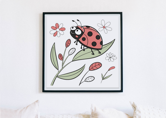 Cadre au style doodle, coccinelle joyeuse sur une feuille dans un jardin coloré