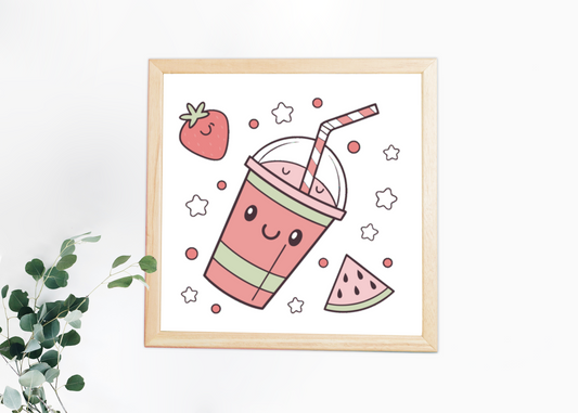 Cadre avec smoothie fraise kawaii sur fond joyeux et décoratif pour cuisine