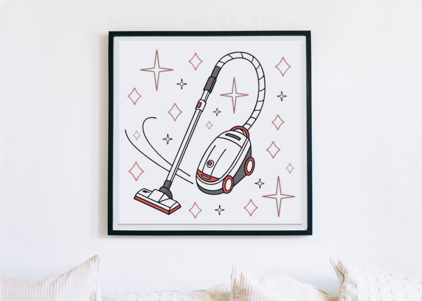 Cadre moderne avec motif minimaliste d'aspirateur pour un intérieur propre et stylé