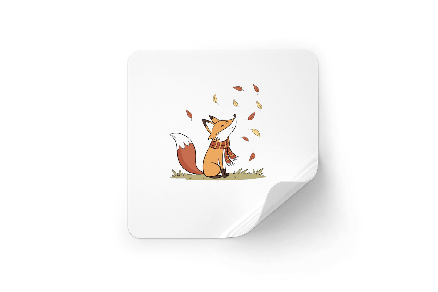 Sticker décoratif avec renard kawaii sous feuilles d'automne ambiance douce et nature