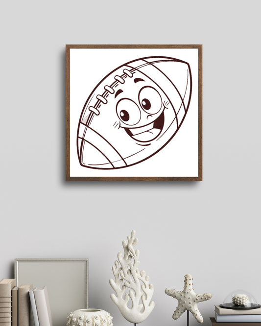 Cadre affichant un ballon de rugby souriant style minimaliste pour les amateurs de sport