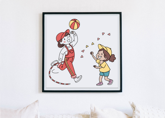 Cadre avec visuel ludique d'enfants jouant, style dynamique et vibrant