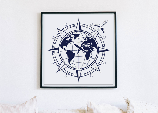 Cadre décoratif avec avion minimaliste sur globe ambiance exploration moderne