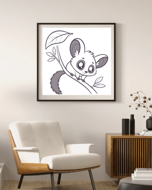 Cadre avec lémurien curieux motif ludique et jungle verdoyante