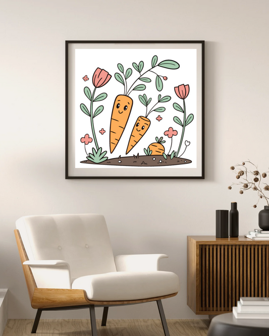 Cadre décoratif avec carottes kawaii voletant dans un jardin printanier