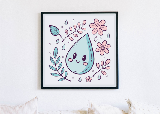 Cadre avec design pastel, goutte joyeuse et fleurs évoquant le printemps enchanté