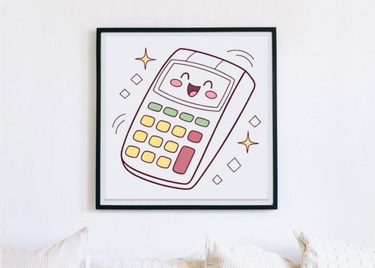 Cadre avec calculatrice kawaii souriante pour décorer une chambre d'enfant