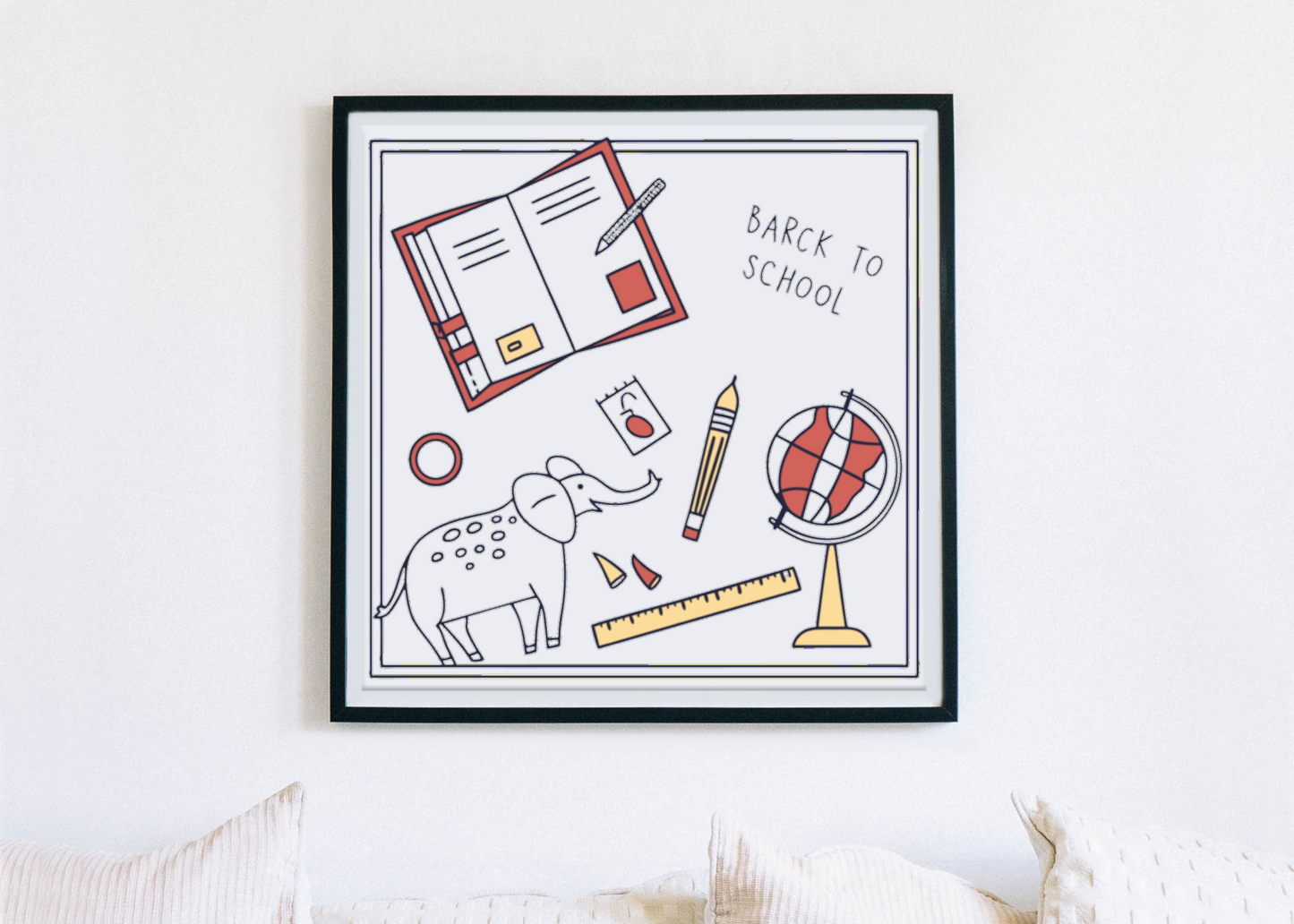 Cadre minimaliste avec éléphant studieux doodle, style scolaire attrayant