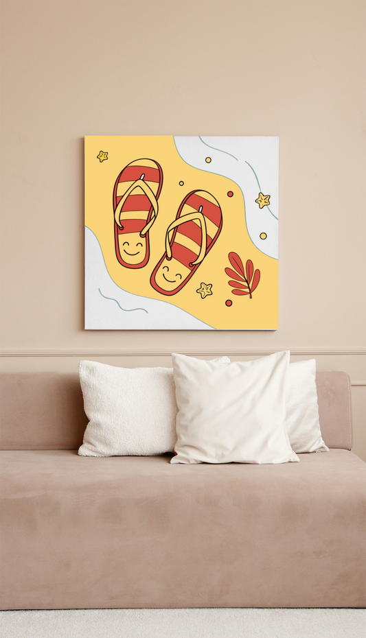 Cadre estival avec tongs souriantes sur fond de plage, design lumineux et joyeux