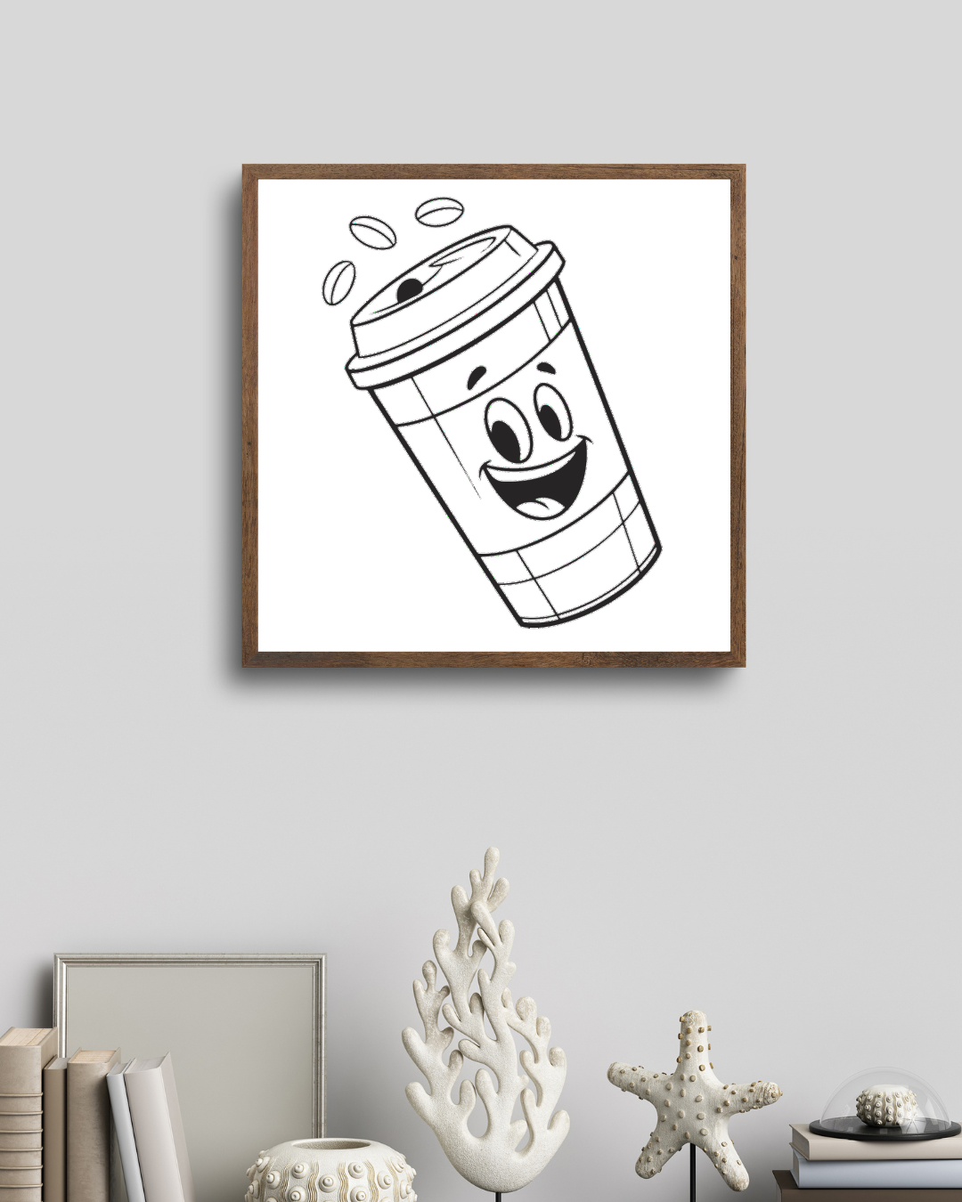 Cadre humoristique avec dessin d'un gobelet de café souriant pour décorer un bureau
