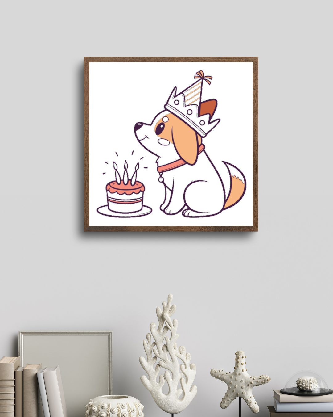 Cadre festif de chien kawaii avec couronne et gâteau d'anniversaire.