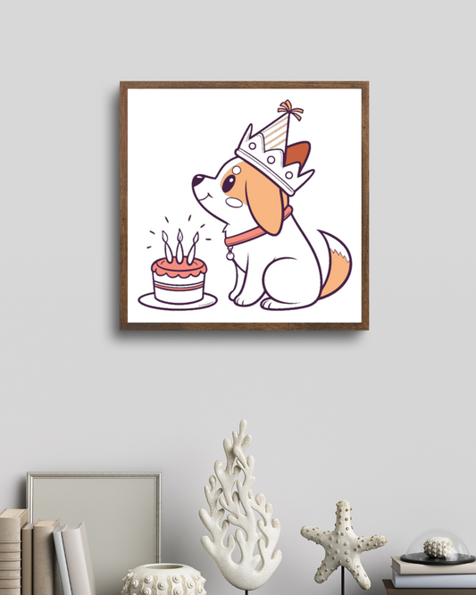 Cadre festif de chien kawaii avec couronne et gâteau d'anniversaire.