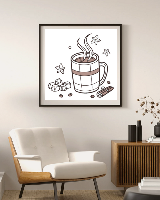 Cadre décoratif cocooning avec motif digital chocolat chaud hivernal
