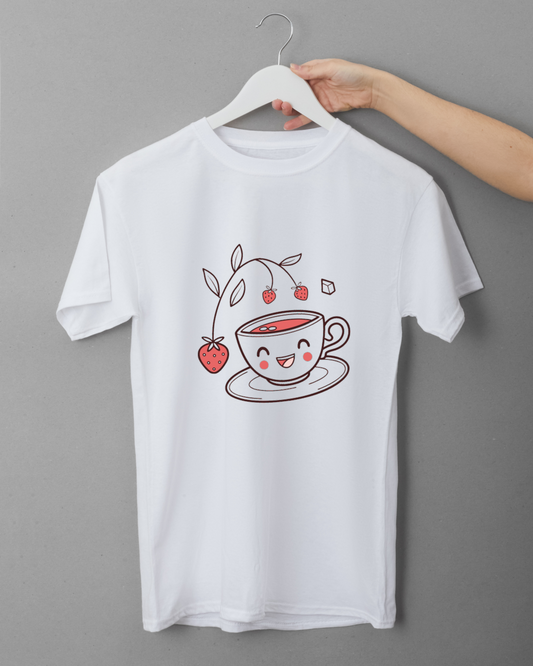 T-shirt avec motif kawaii de fraises joyeuses sur fond léger et fruité