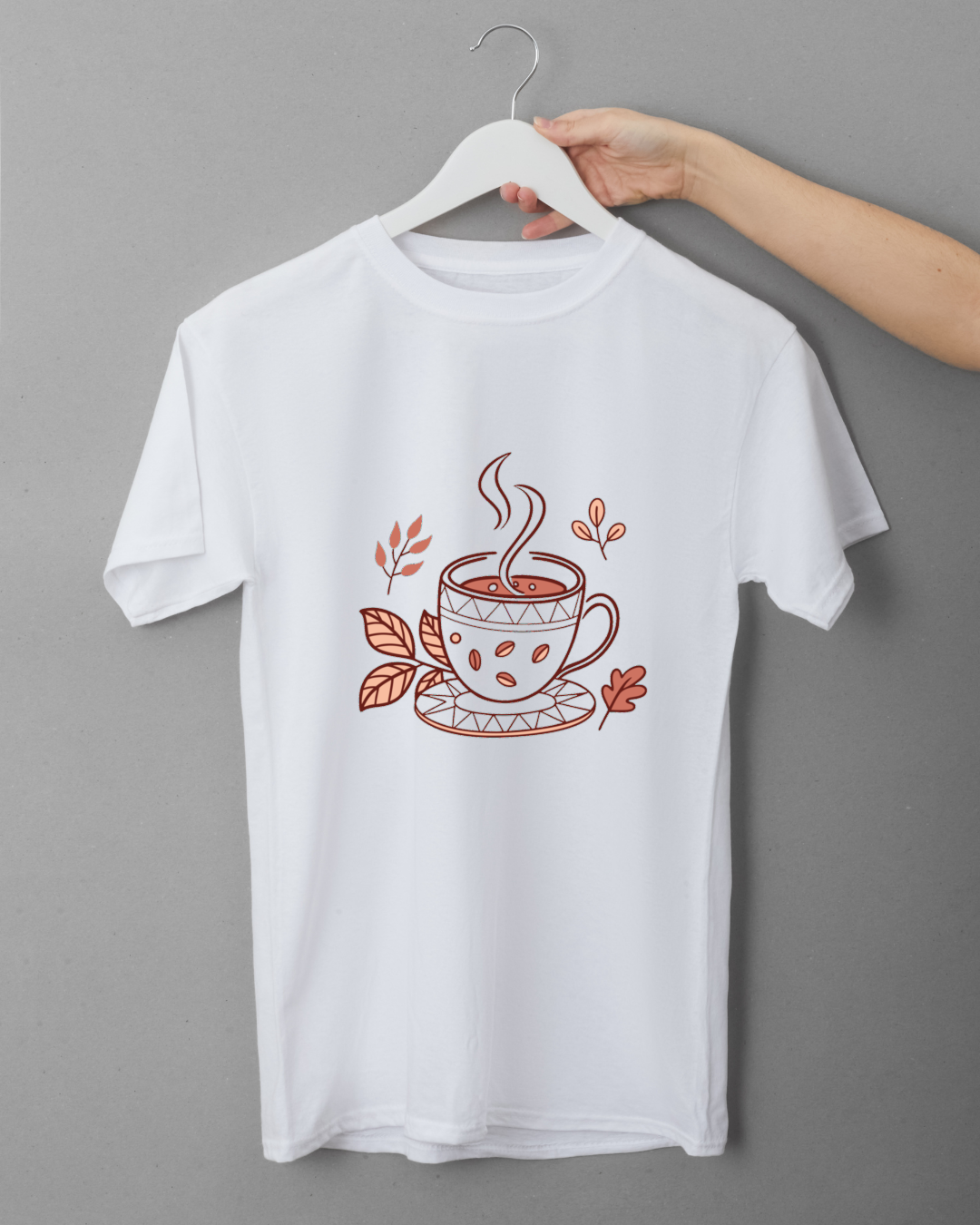 T-shirt automne détente avec icône de café fumant en style ligne art.