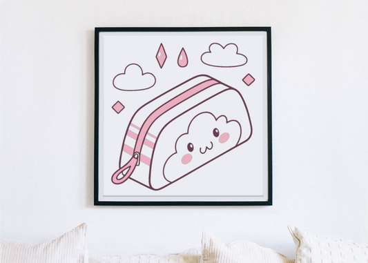 Cadre décoratif avec nuage souriant style kawaii, parfait pour papeterie enfantine
