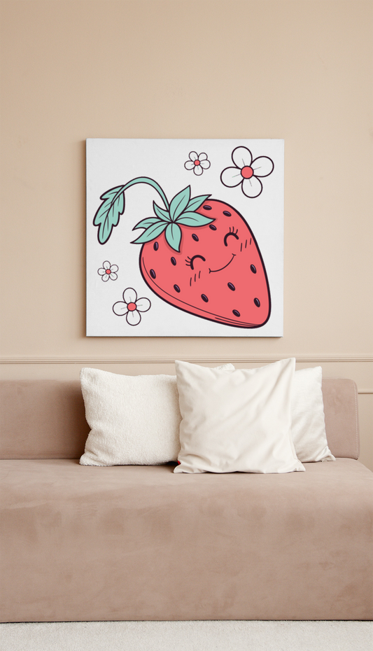 Cadre avec fraise enchantée souriante dans un style doodle au milieu d'un jardin fleuri