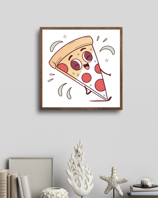 Cadre orné d'une part de pizza souriante au style kawaii pour déco gourmande