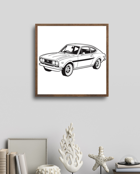 Illustration vintage d'une voiture classique en cadre, idéale pour décor intérieur.