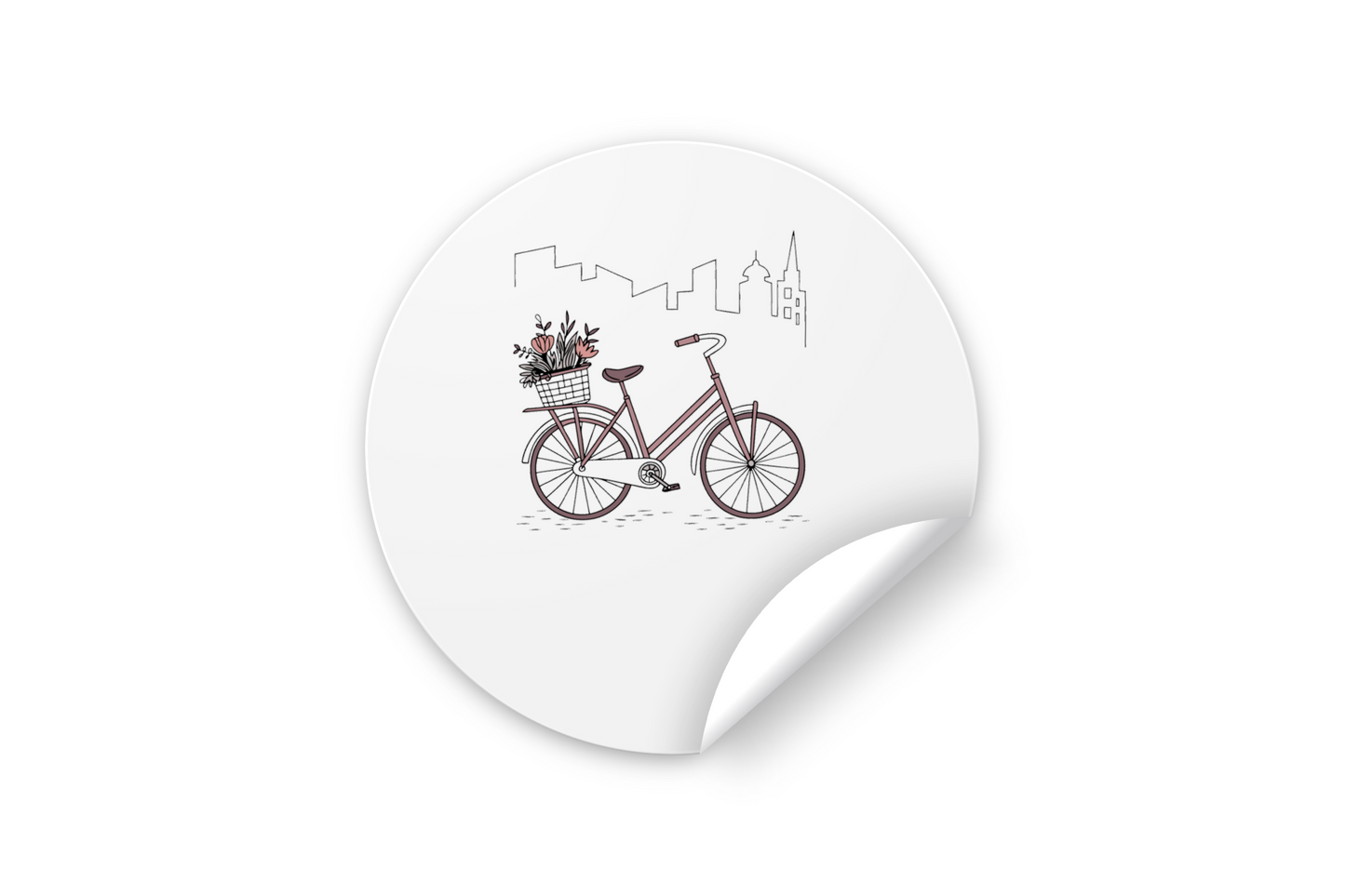 Sticker urbain avec un vélo romantique entouré de fleurs en ville