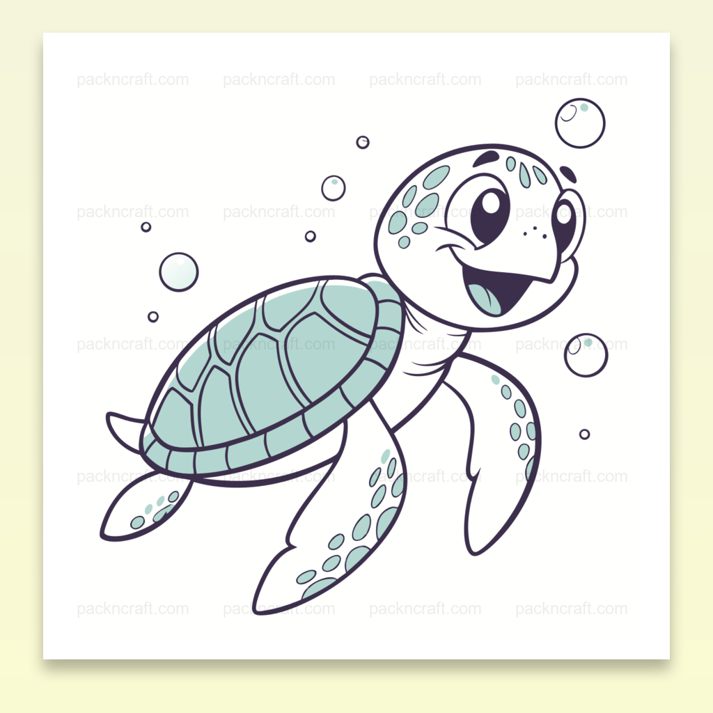 Illustration d'une tortue joyeuse nageant, idéale pour décorations DIY marines et éducatives.