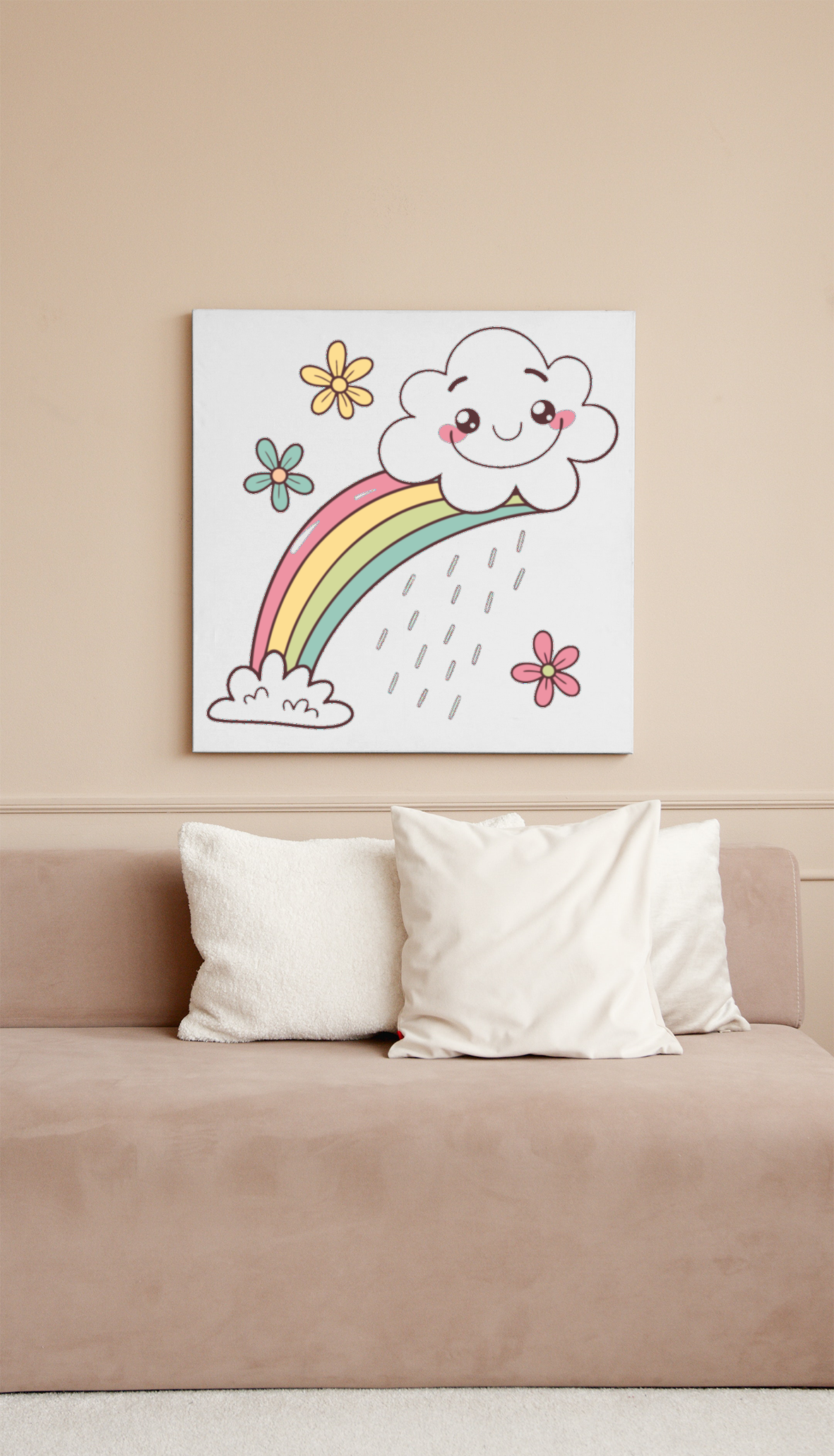 Cadre enfantin avec nuage souriant et arc-en-ciel, design coloré et joyeux