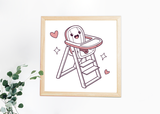 Cadre avec chaise haute souriante en nuances pastel et décor adorable