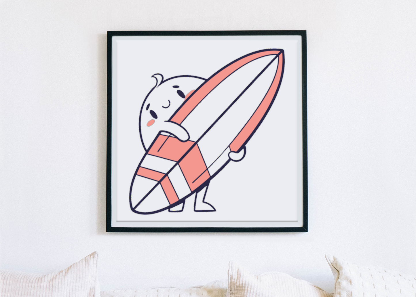 Cadre moderne avec icône décorative de petit fantôme surfeur minimaliste