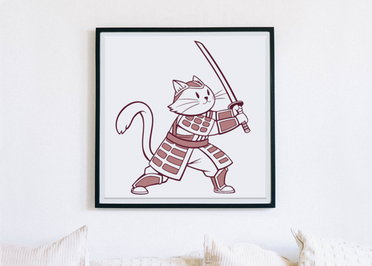 Cadre décoratif présentant un chat-samouraï dynamique en style vectoriel unique