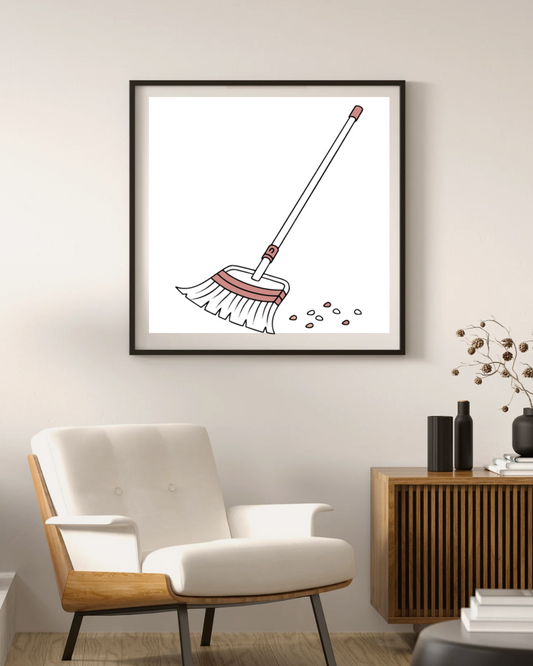 Cadre décoratif avec un balai minimaliste, parfait pour un intérieur moderne