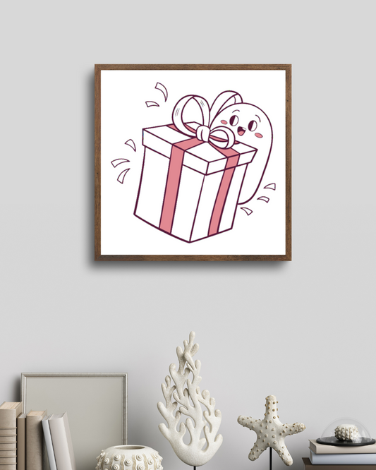Cadre décoratif avec fantôme kawaii offrant un cadeau dans une ambiance festive