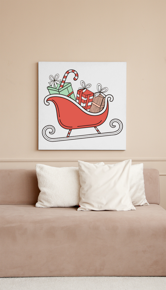 Cadre décoratif avec traîneau pastel débordant de cadeaux pour une ambiance festive