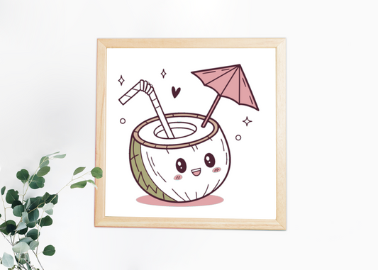 Cadre avec noix de coco souriante thème tropical pour une déco exotique captivante