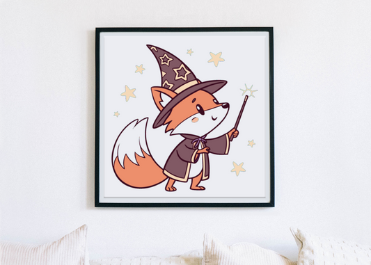 Cadre à thème magique avec un renard numérique élégant, idéal pour décoration murale