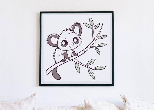 Cadre avec panda espiègle style doodle sur branche en décor naturel