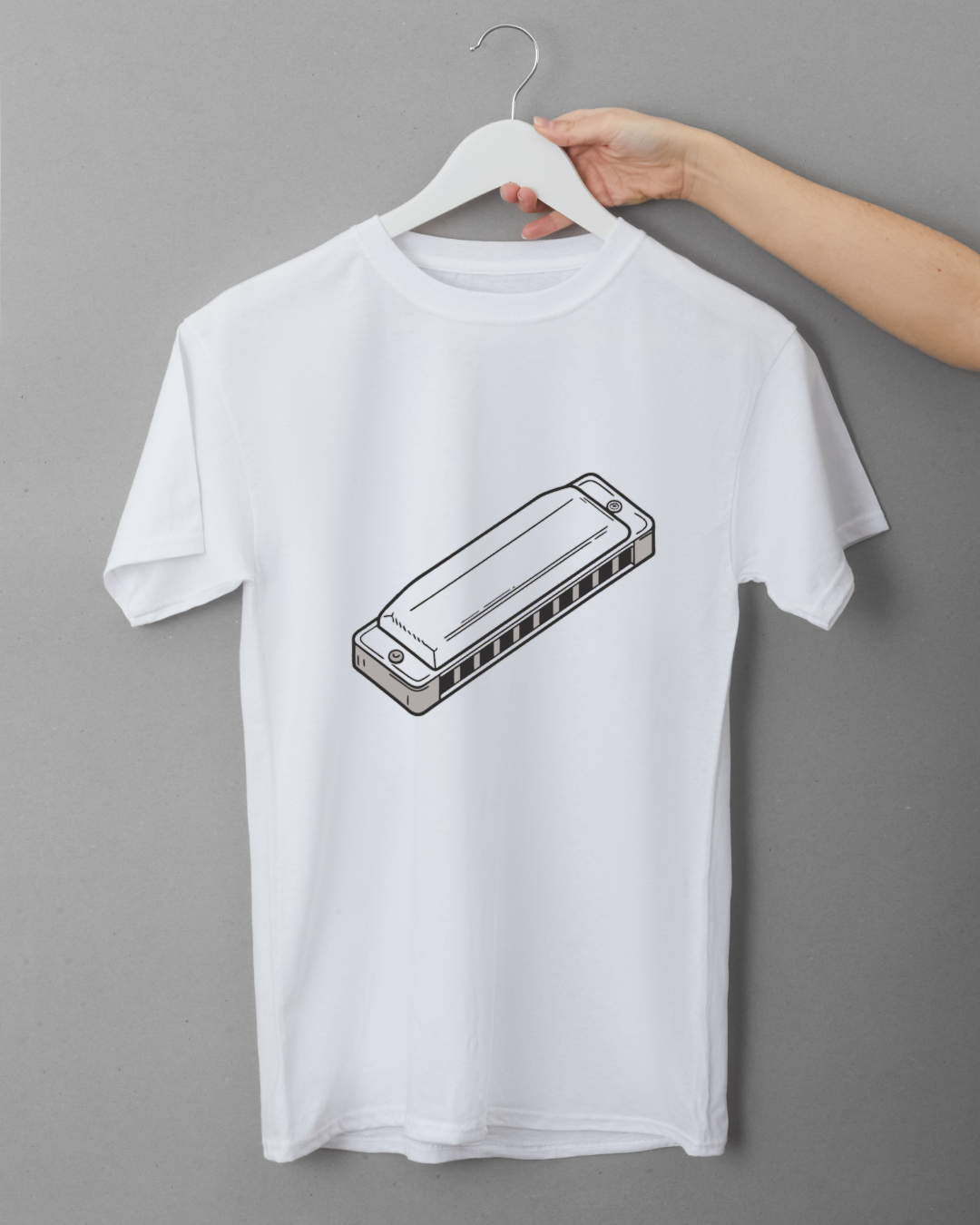 T-shirt avec dessin vectoriel d’harmonica, évoquant une ambiance musicale chaleureuse