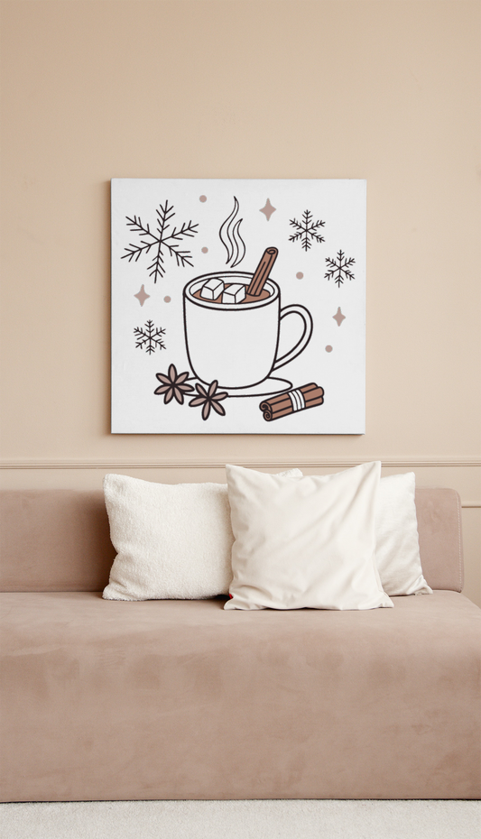 Cadre cosy décoré d'une icône hivernale avec chocolat chaud et fond enneigé