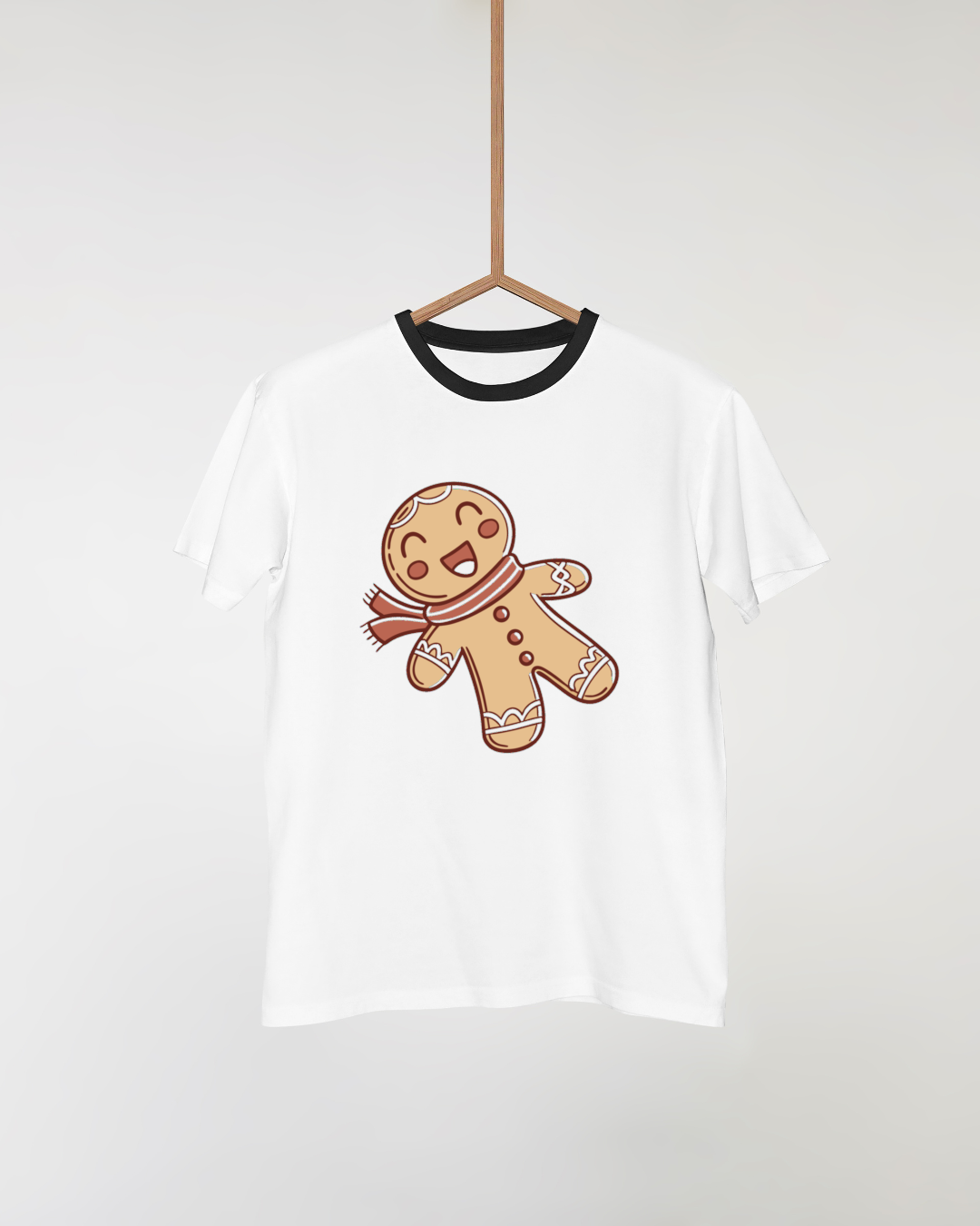 T-shirt avec bonhomme pain d'épices joyeux style doodle, ambiance hivernale cozy