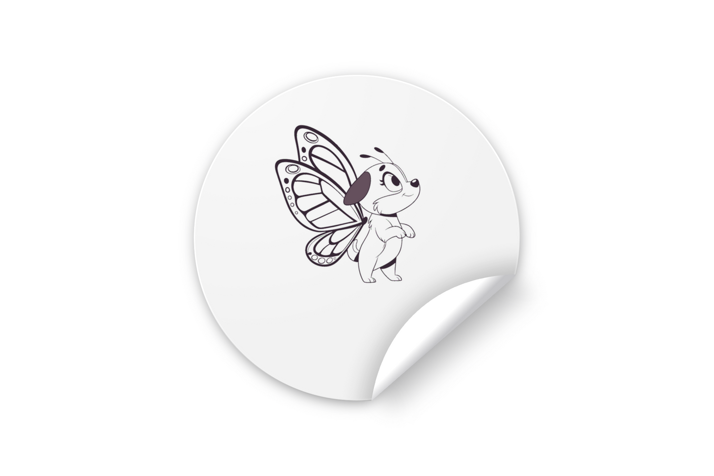 Sticker décoratif chiot joyeux avec ailes de papillon sur fond amusant et coloré
