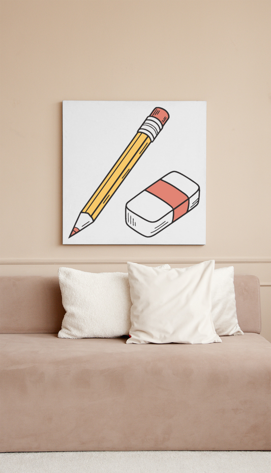 Cadre contenant un duo minimaliste de crayon et gomme au style doodle épuré