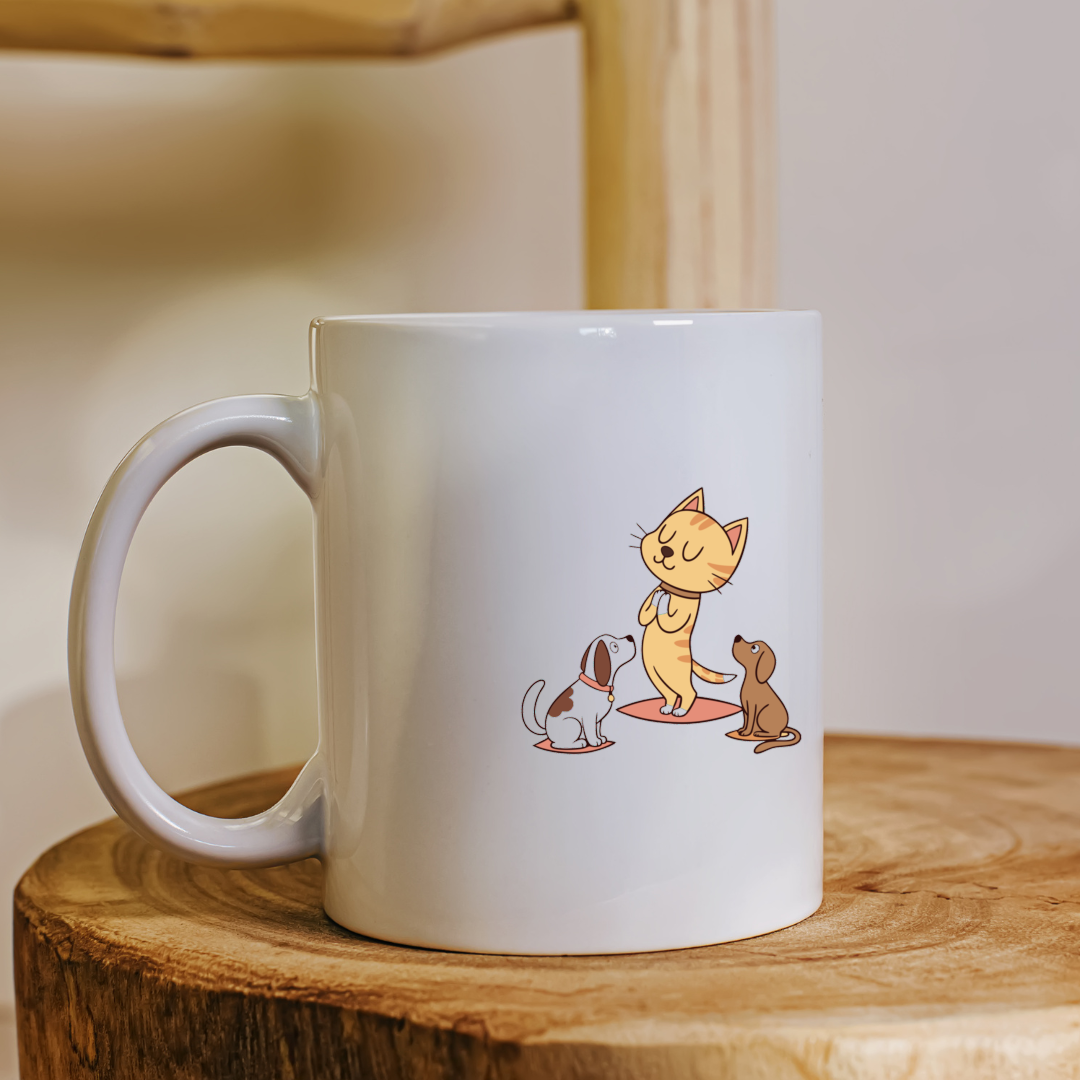 Mug ambiance zen avec décor pastel de chiens sereins et chat méditatif