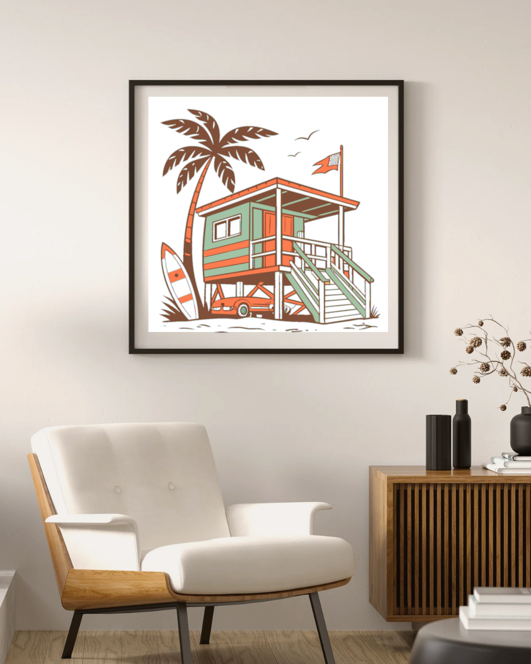 Cadre décoratif avec illustration de cabane de surfeur vintage, pour décoration intérieur.
