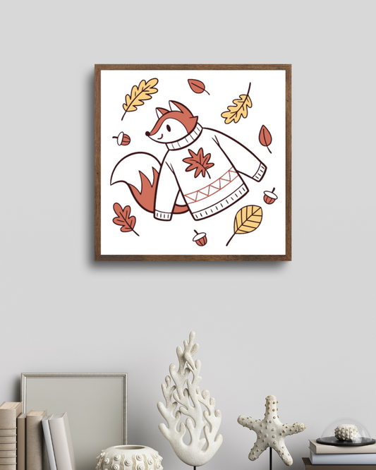 Cadre décoratif automne renard en pull, ambiance chaleureuse et cosy